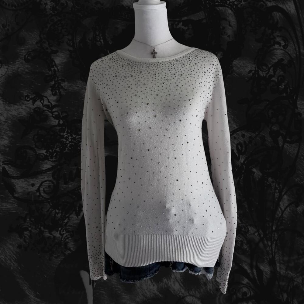 scattered dark rhinestones embellished white light knit glam top